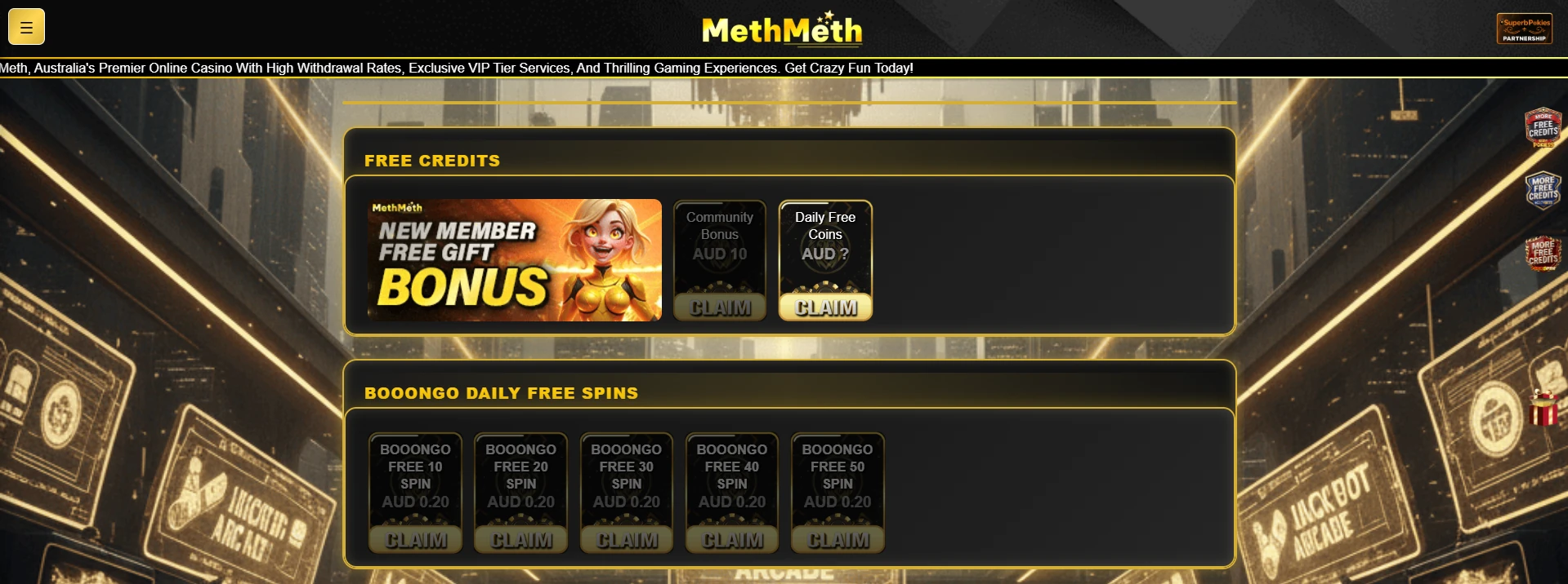 MethMeth Casino promotions page screenshot