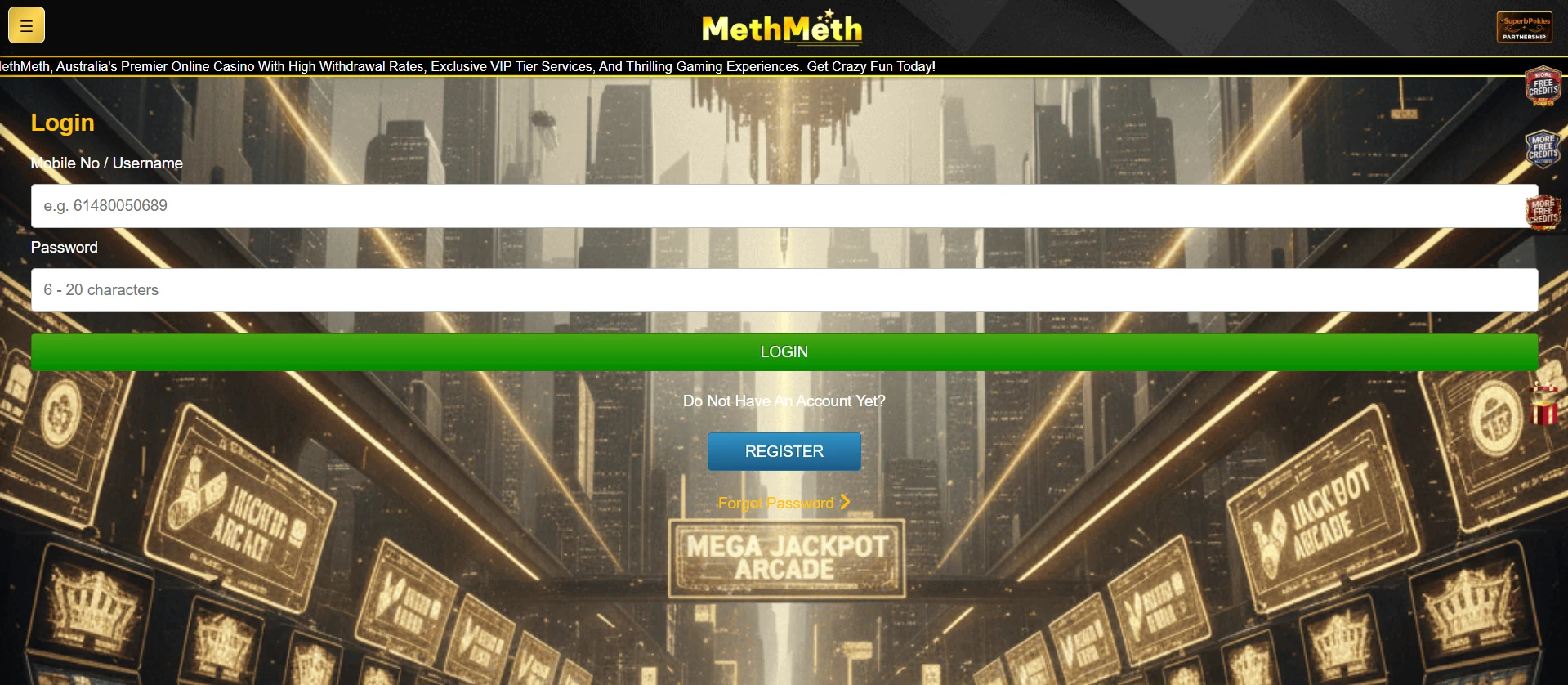 MethMeth Casino login form